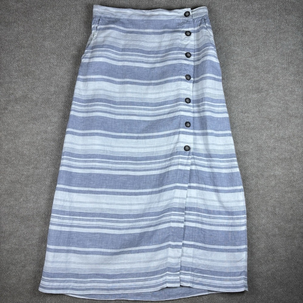 Cynthia Rowley 100% Linen Blue White Striped Button Front Midi Skirt Women's M